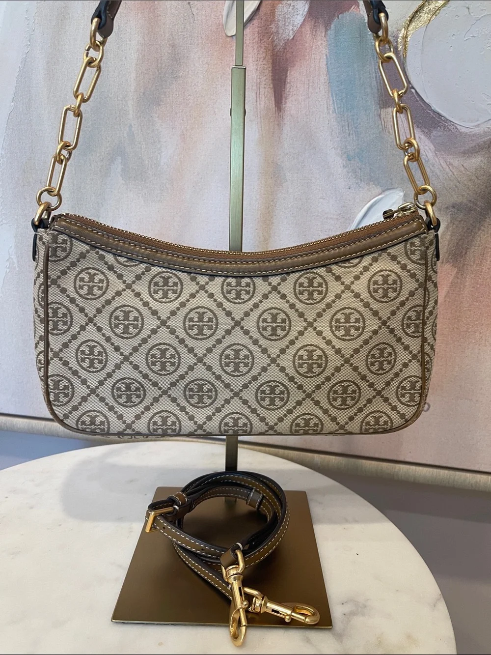 Tory Burch Beige Logo Jacquard Shoulder Bag with Gold Hardware Accent